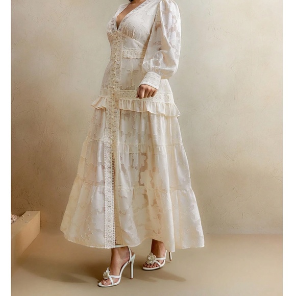 Plus Floral Print Button V neck Ruffle Hem Long Sleeve Maxi Dress - Picture 7 of 9